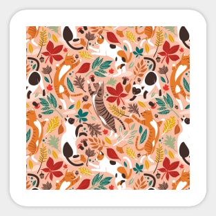 Autumn joy // pattern // flesh coral background cats dancing with many leaves in fall colors Sticker